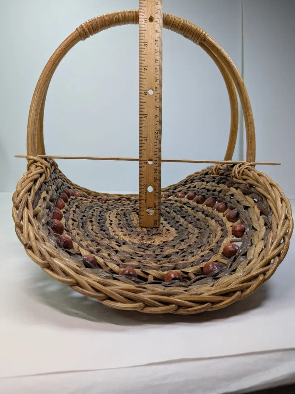Vintage Woven Two-Tone Scoop Basket Wooden Bead Accent Overhead Handle